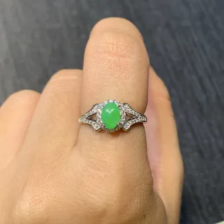 High-Icy Glowing White and Vivid Green Cabochon Natural Jadeite Three-Piece Cabochon Set — S925 Silver · No. 11B2