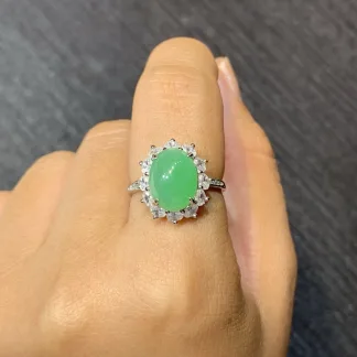Icy Vivid Green Natural Jadeite Cabochon Ring — S925 Silver · No. 7561