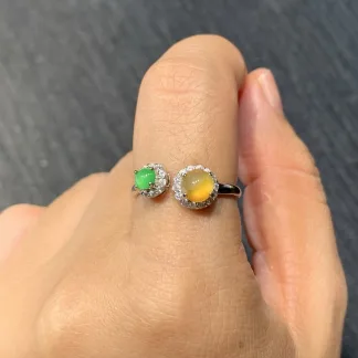 High-Icy Yellow and Green Natural Jadeite Cabochon Ring — S925 Silver · No. F768