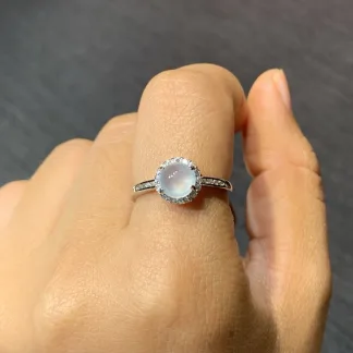 High-Icy Glowing Natural Jadeite Cabochon Ring — S925 Silver · No. 2B6F
