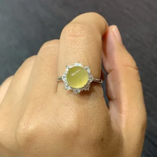 High-Icy Honey Yellow Natural Jadeite Cabochon Ring — S925 Silver · No. 9DC2