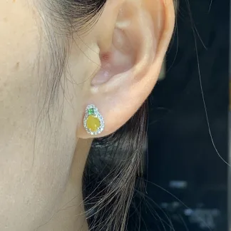 High-Icy Honey Yellow Natural Jadeite Cabochon Stud Earrings — S925 Silver · No. 34E5
