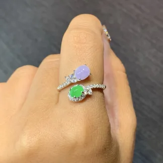 Lavender and Green Natural Jadeite Cabochon Ring — S925 Silver · No. DF42