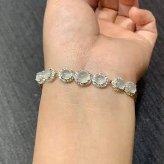 High-Icy Glowing Natural Jadeite Cabochon Bracelet — S925 Silver · No. 45B4