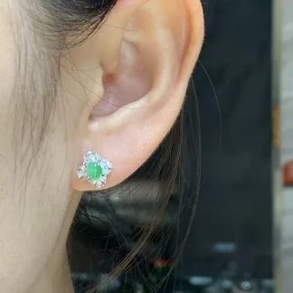 Icy Vivid Green Natural Jadeite Cabochon Stud Earrings — S925 Silver · No. 130B