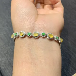 High-Icy Honey Yellow Natural Jadeite Cabochon Bracelet — S925 Silver · No. A35D
