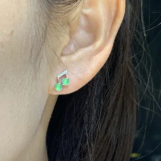 High-Icy Soft Green Natural Jadeite Cabochon Stud Earrings — S925 Silver · No. 78DF