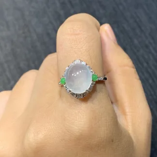High-Icy Snowflake-Inclusion Natural Jadeite Cabochon Ring — S925 Silver · No. E016
