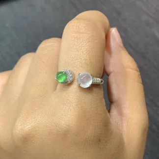 High-Icy White and Green Natural Jadeite Cabochon Ring — S925 Silver · No. 89E8