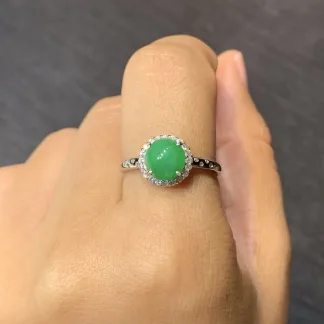 Vivid Green Natural Jadeite Cabochon Ring — S925 Silver · No. 9840