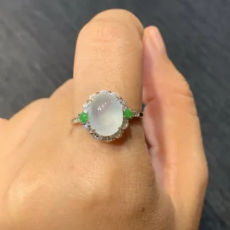 High-Icy Glowing Natural Jadeite Cabochon Ring — S925 Silver · No. 6440