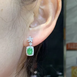 High-Icy Vivid Green Natural Jadeite Cabochon Drop Earrings — S925 Silver · No. 4D02