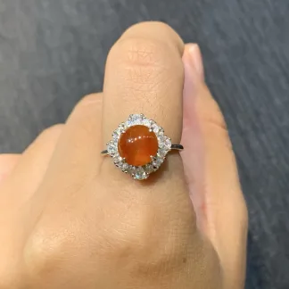 High-Icy Russet Red Natural Jadeite Cabochon Ring — S925 Silver · No. 7BAB
