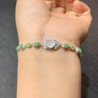 High-Icy White and Green Natural Jadeite Cabochon Bracelet — S925 Silver · No. 54A2
