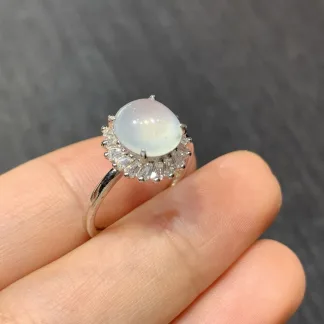 Icy Glowing Natural Jadeite Cabochon Ring — S925 Silver · No. C83E