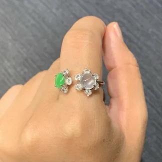 High-Icy White and Green Natural Jadeite Cabochon Ring — S925 Silver · No. 4EA3