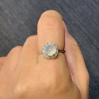 High-Icy Glowing Clear Natural Jadeite Cabochon Ring — S925 Silver · No. 9B4C