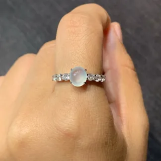 High-Icy Glowing Natural Jadeite Cabochon Ring — S925 Silver · No. 1954