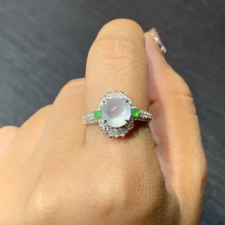 High-Icy Glowing Natural Jadeite Cabochon Ring — S925 Silver · No. 1531