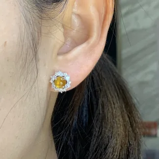 High-Icy Honey Yellow Natural Jadeite Cabochon Stud Earrings — S925 Silver · No. C2B9
