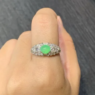 High-Icy Clear Green Natural Jadeite Cabochon Ring — S925 Silver · No. C1E6
