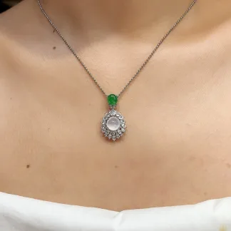 High-Icy Glowing Natural Jadeite Cabochon Pendant — S925 Silver · No. 79D2