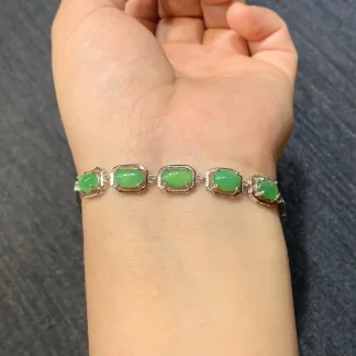Icy Vivid Green Natural Jadeite Cabochon Bracelet — S925 Silver · No. 180B