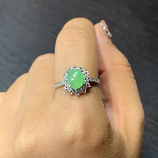 Icy Soft Vivid Green Natural Jadeite Cabochon Ring — S925 Silver · No. AA23