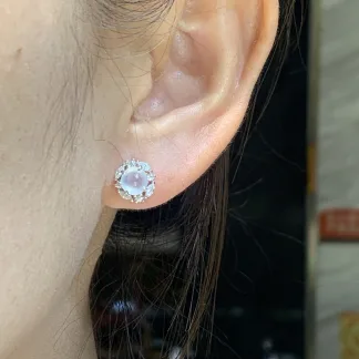 High-Icy Glowing Natural Jadeite Cabochon Stud Earrings — S925 Silver · No. 853C