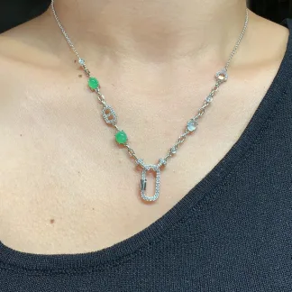 High-Icy White and Green Natural Jadeite Convertible Cabochon Chain — S925 Silver · No. 005E