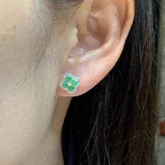Icy Vivid Green Natural Jadeite Cabochon Stud Earrings — S925 Silver · No. 3001