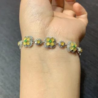 High-Icy Honey Yellow Natural Jadeite Cabochon Bracelet — S925 Silver · No. 030C