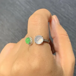 High-Icy White and Green Natural Jadeite Cabochon Ring — S925 Silver · No. 8FE4