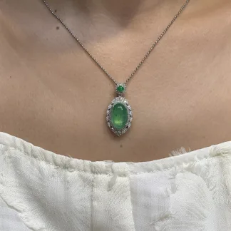 High-Icy Glowing Green Natural Jadeite Cabochon Pendant — S925 Silver · No. 143D