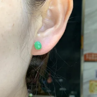 Icy Vivid Green Natural Jadeite Cabochon Stud Earrings — S925 Silver · No. 7192