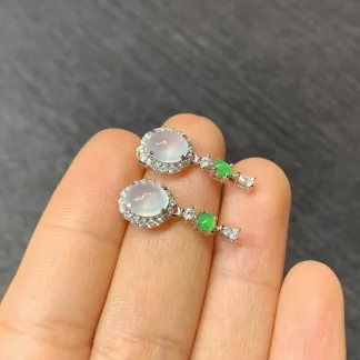 High-Icy Glowing Natural Jadeite Cabochon Drop Earrings — S925 Silver · No. 5419