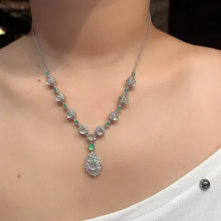 High-Icy Glowing Natural Jadeite Cabochon Necklace — S925 Silver · No. A226