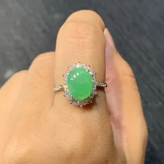 Vivid Green Natural Jadeite Cabochon Ring — S925 Silver · No. C9A4