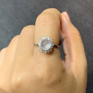 High-Icy Glowing Natural Jadeite Cabochon Ring — S925 Silver · No. 8261