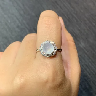 High-Icy Glowing Natural Jadeite Cabochon Ring — S925 Silver · No. 3E18