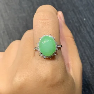Icy Fresh Vivid Green Natural Jadeite Cabochon Ring — S925 Silver · No. 7E79