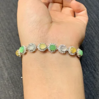 High-Icy Multicolor Natural Jadeite Cabochon Bracelet — S925 Silver · No. 27FC