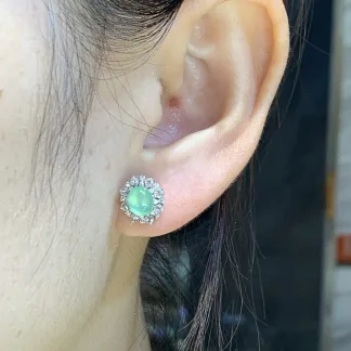 High-Icy Glowing Green Natural Jadeite Cabochon Stud Earrings — 18K Gold · No. DDE0