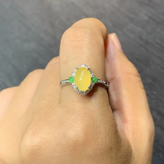 High-Icy Honey Yellow Natural Jadeite Cabochon Ring — S925 Silver · No. 3A81