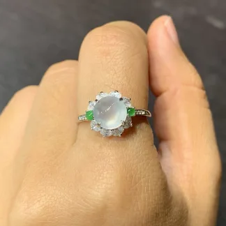 High-Icy White Natural Jadeite Cabochon Ring — S925 Silver · No. 41E7