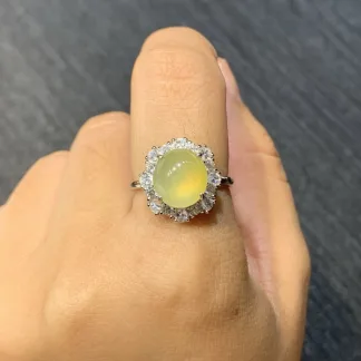 Icy Honey Yellow Natural Jadeite Cabochon Ring — S925 Silver · No. A84F