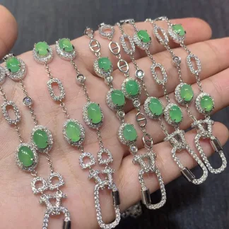 High-Icy Vivid Green Natural Jadeite Convertible Cabochon Chain — S925 Silver · No. B437