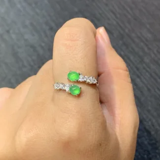 High-Icy Glowing Green Natural Jadeite Twin Cabochon Ring — S925 Silver · No. 6E1B