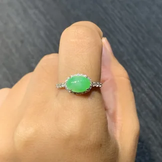 Icy Vivid Green Natural Jadeite Cabochon Ring — S925 Silver · No. C63A
