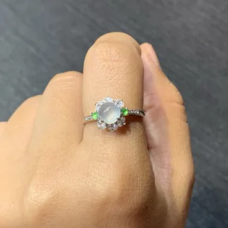High-Icy Glowing Natural Jadeite Cabochon Ring — S925 Silver · No. E4BD